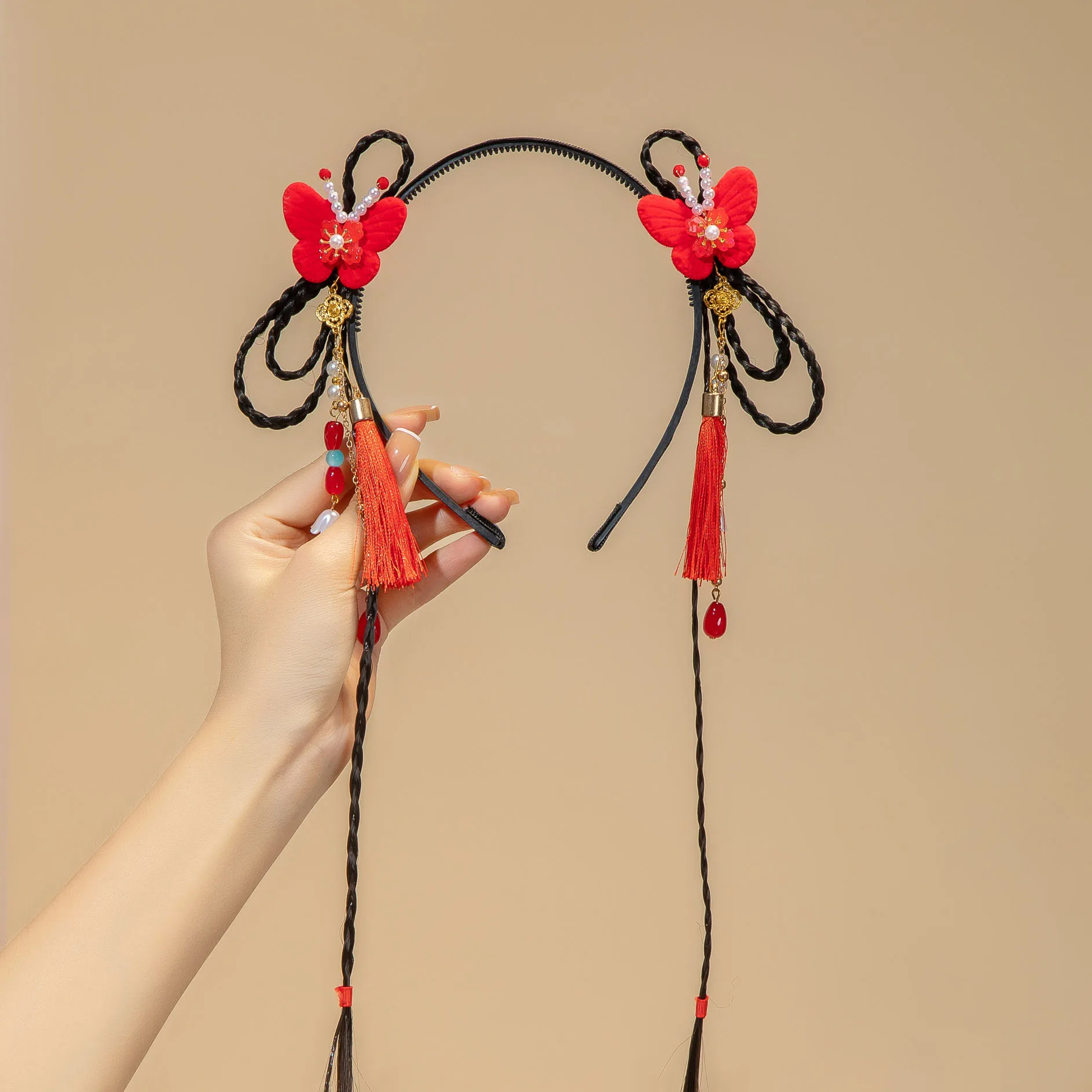 Haarspangen Haarreifen Mädchen geflochtene Perücke Quaste Blumen Haarreifen für Mädchen, Neujahr Haarschmuck, Hanfu Styling Kopfbedeckung – Detail 5