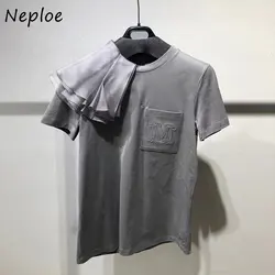 Neplo Vintage Femme Top 2024 Estate Francese Streetwear Casual Tees O-Collo Decorazione della spalla Manica corta Dimagrante Fit T-shirt