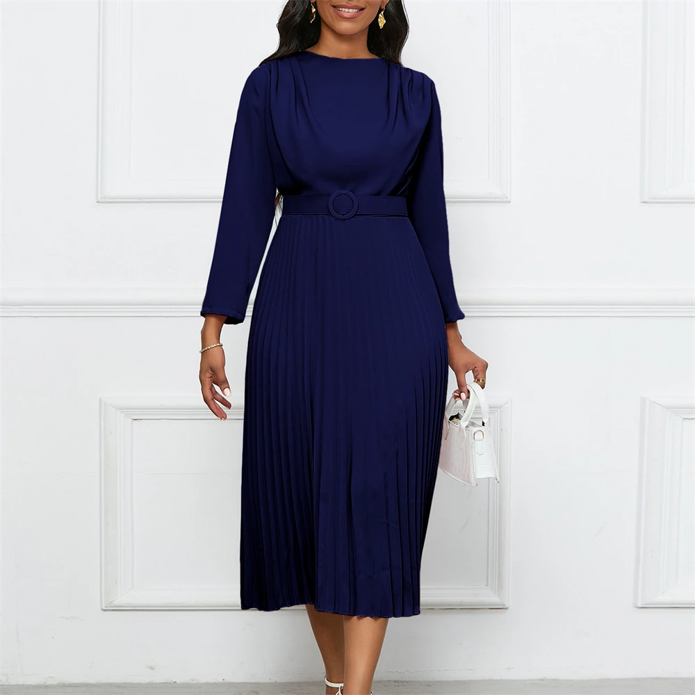 Spring Summer Midi Pleated Dress Long Sleeve Office Lady Africa Sashes Women High Waist OL Style Elegant Dresses Vestidos Gown