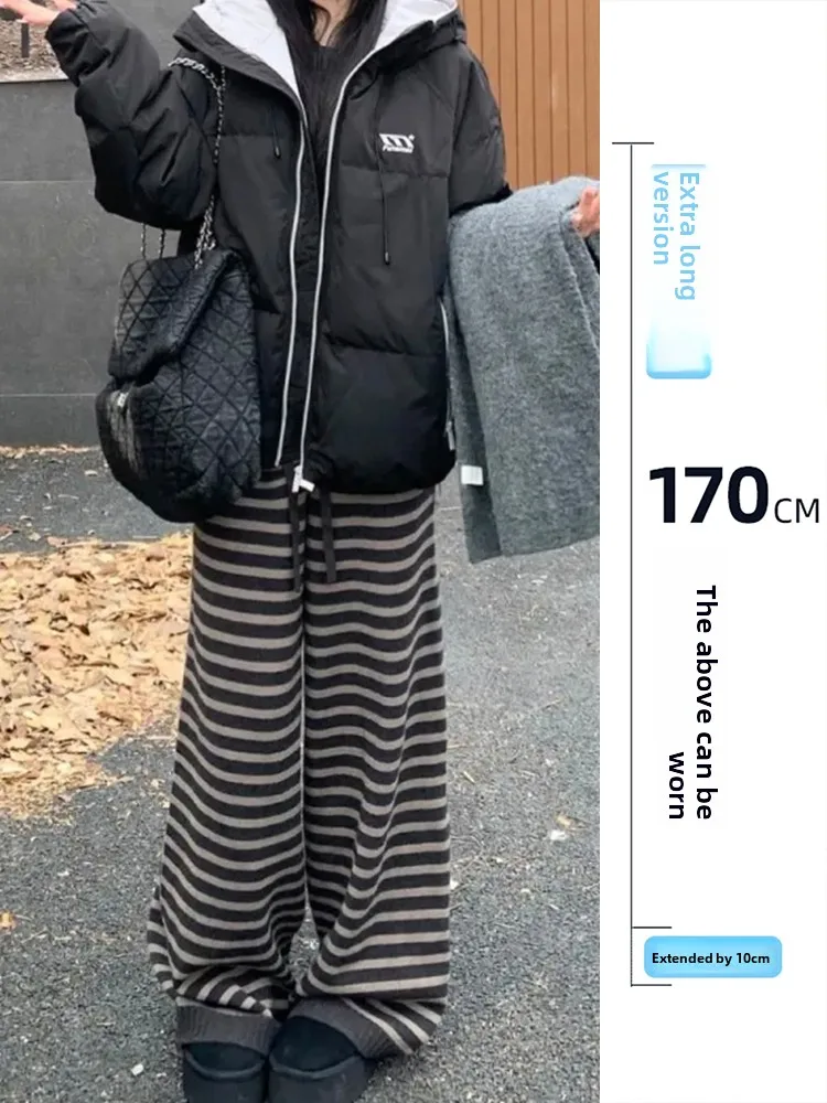 

Вязаные повседневные брюки с высокой талией, удлиненная версия для высоких женщин, прямые леггинсы в полоску, удобные, мягкие, с эластичным поясом