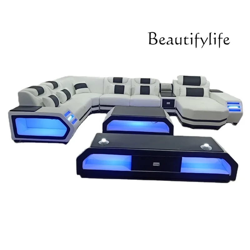 

QY MANBAS Italian Genuine Leather Sectional Sofa with LED Lights | Futuristic Furniture U Shape Couch Living Room Big Sofas Set