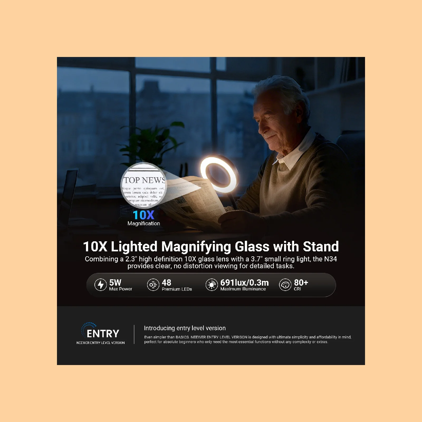NEEWER 10X Clip On Magnifying Lamp with Clamp Stand, Bi Color Dimmable LED Magnifier Light for Desk Craft Reading Close Up Work