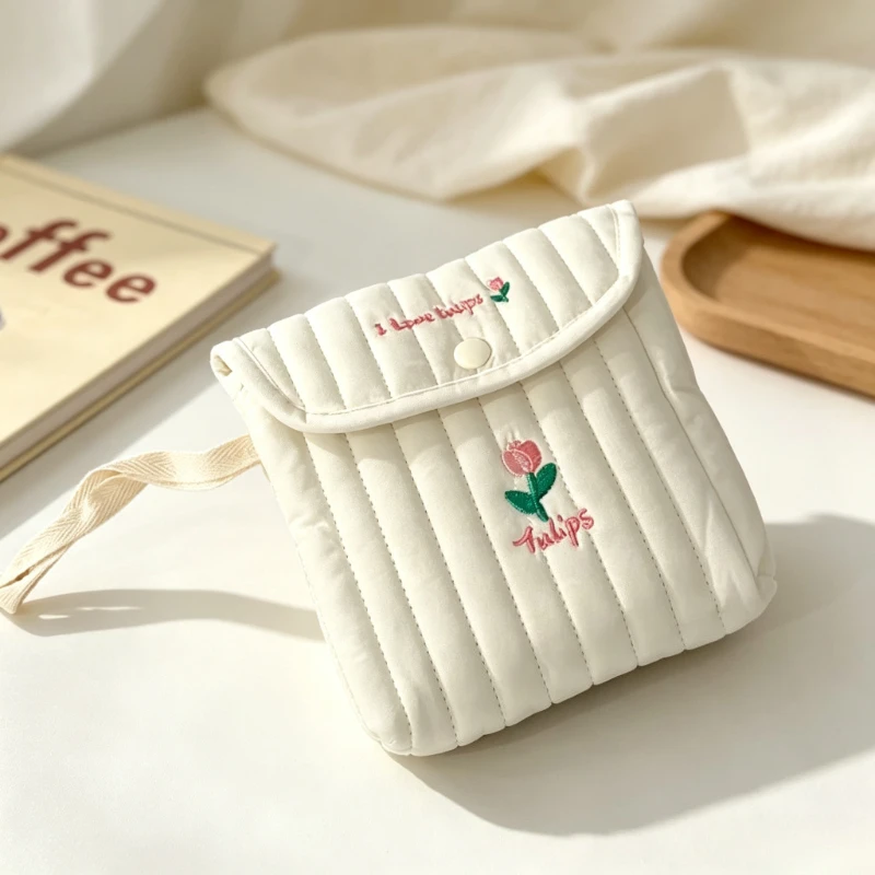 Quilted Flap Pouch Cream Embroidered Tulip Cherry Bear Bag Snap Closure Organizer Sanitary Napkin Storage Bag for Daily Travel