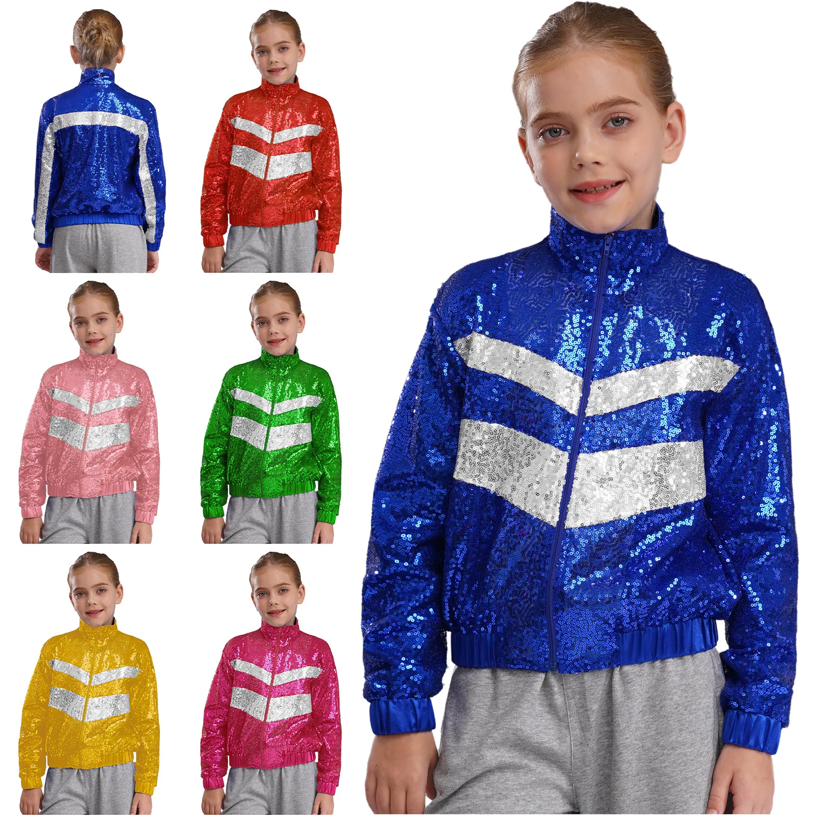 Kids Girls Long Sleeve Sequins Baseball Jacket Coat School Party Hip Hop Jazz Street Dance Stage Performance Costume Sportswear