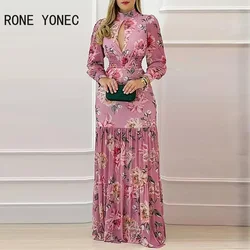 Donna Chic mezzo collo alto stampa All Over con motivo floreale buco della serratura maniche lunghe senza schienale Maxi abito da vacanza a-line