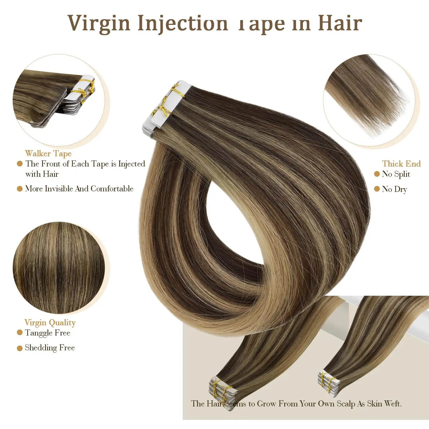 Fita completa da injeção do cabelo do brilho em extensões do cabelo, extensão do cabelo humano, cabelo invisível do Virgin, sem emenda