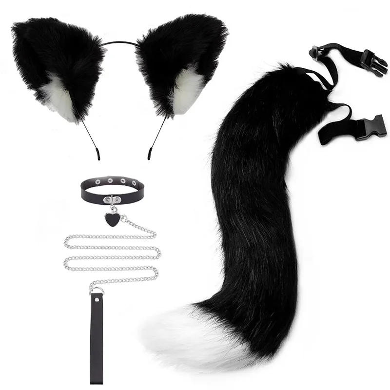 3 pçs/set pele macia raposa cauda orelhas de gato headwear laço sino colar cosplay traje lobo therian conjunto feminino festa de halloween accessori