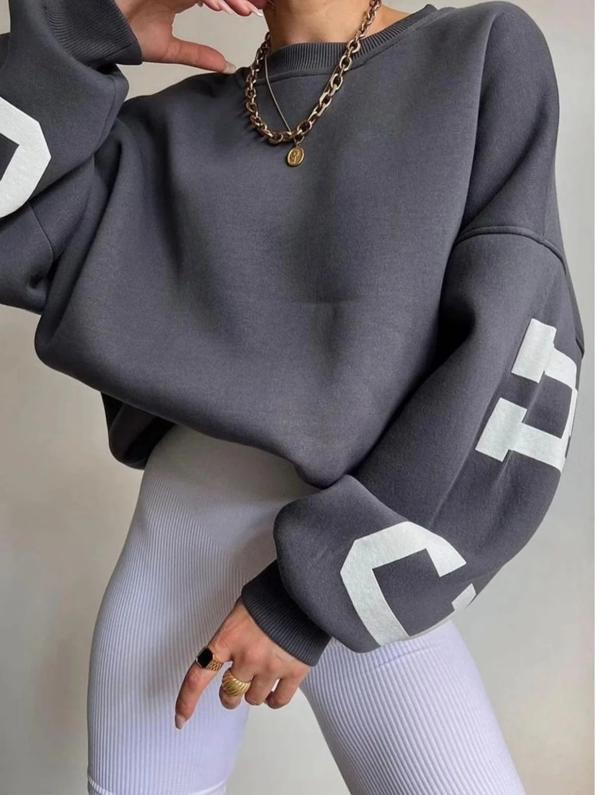 Thick Long Sleeve Printed Sweatshirt Women's Street Style Hoodie Loose Fit round Neck Spring Season Letter Pattern