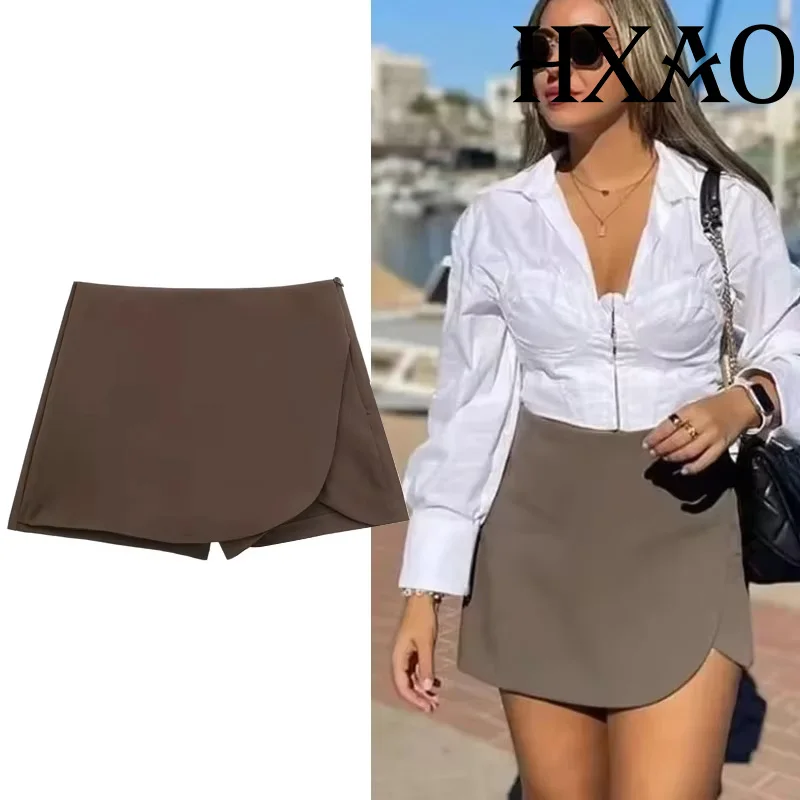 HXAO Women's Skort High Waist Brown Skirt Pants Stylish Summer Pink Black Mini Skirt Shorts Asymmetric Casual Off White Skort