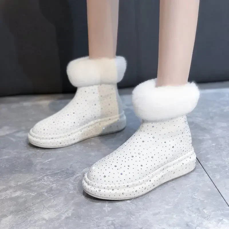 2024 New Luxury Designer Women\'s Snow Boots Thick Plush Fashion Winter Cotton Shoes Shining Water Diamond Warm Shoes zapatos