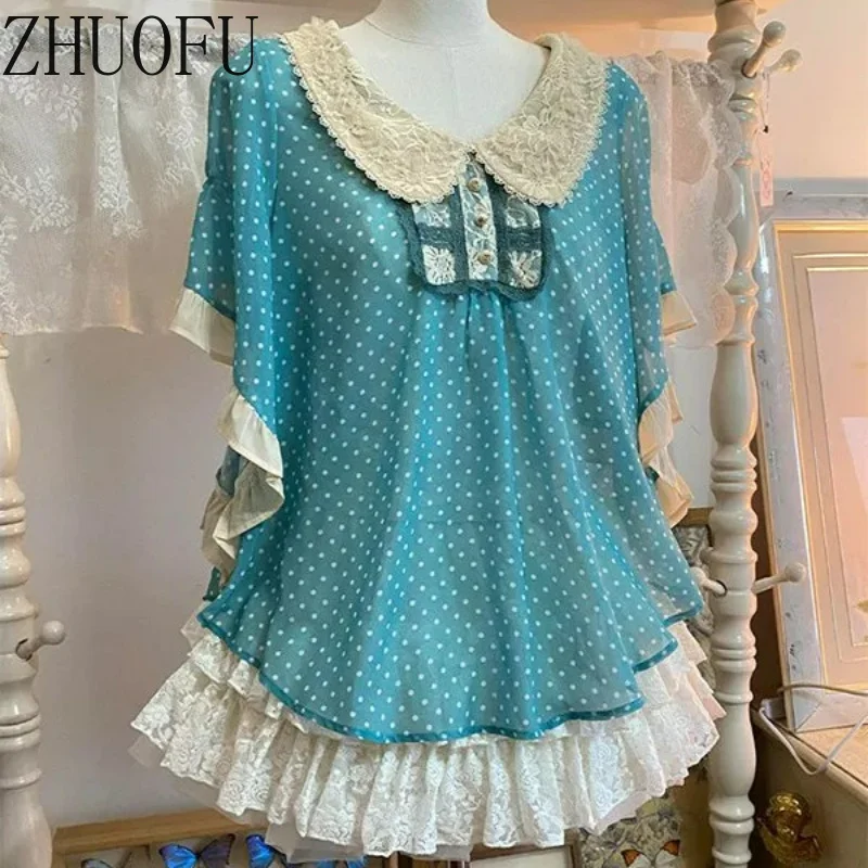 2026 Summer New Polka Dot Doll Collar Loose Women's Top Retro Design Sweet Cool Fashion Cute Y2k Versatile Skirt Suit Ladies