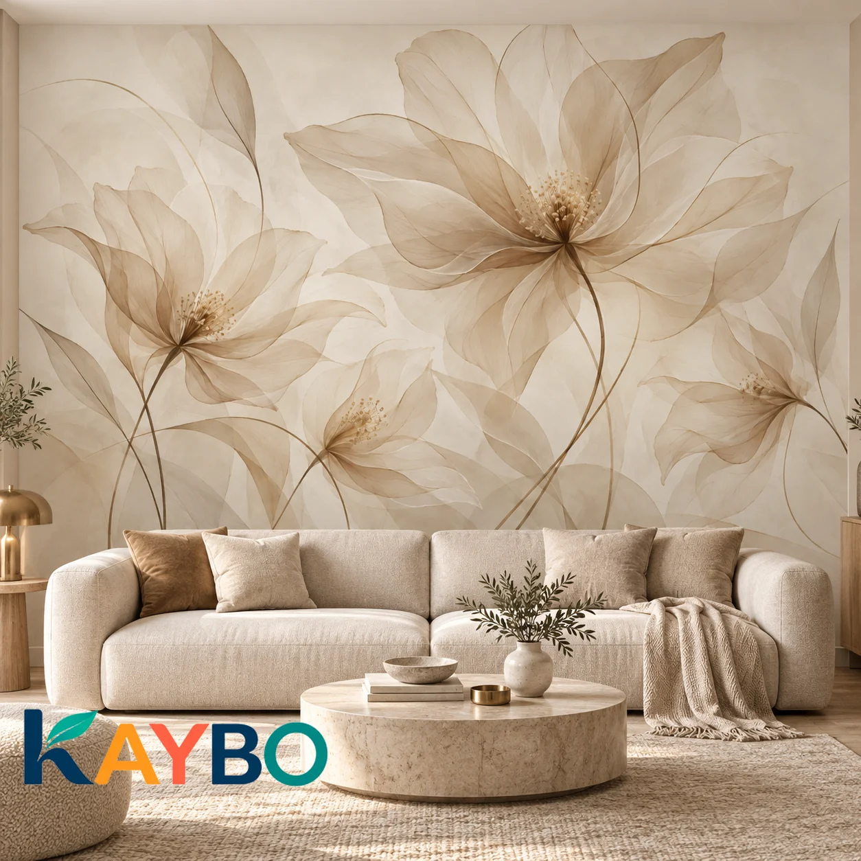 Beige Floral Wall Mural Elegant Botanical Flowers Wallpaper Non Self Adhesive Living Room Bedroom Neutral Modern Home Wall Decor