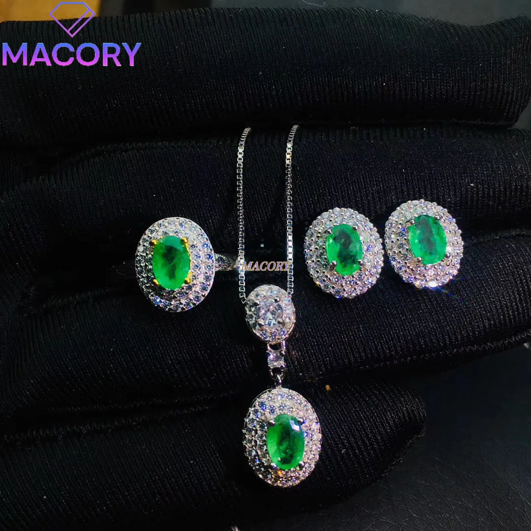 

Emerald jewelry set 3 piece ring earring pendant jewelry new fashion atmospheric classic with certificate