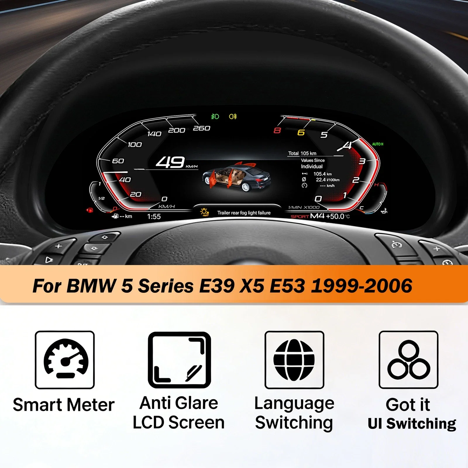 For BMW 5 Series E38 E39 1999-2006 X5 E53 Anti-glare LCD Digital Instrument Cluster Dashboard Speedometer Screen Car Upgrade