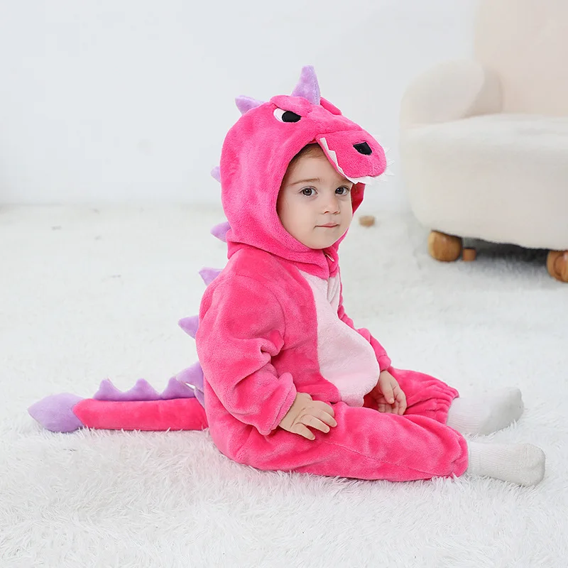 New Lovely Dinosaur Baby Girls Clothes Romper Soft Warm Winter Infant Onesie Bodysuit Kigurumis Cosplay Costume Hooded Zipper