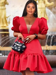 Women Red Dresses Christmas Party Half Sleeves Deep V Neck Mesh A Line Pleated Female African Ladies Dance Event Celebrate Gowns