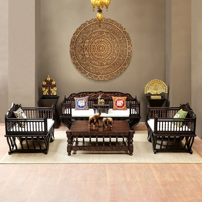 Strange vintage solid wood living room sofa coffee table set Southeast Asian style Thai club soft furnishings