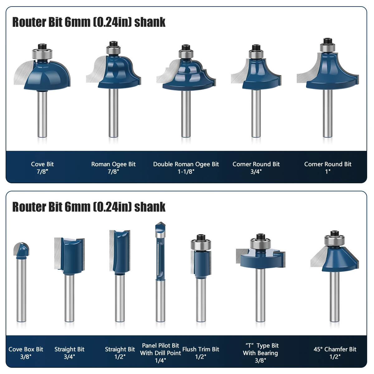 6mm Shank Router Bits Set Trimming Straight Round Corner Cove Box Chamfer Bits Milling Cutter Tungsten Carbide Woodworking Tools