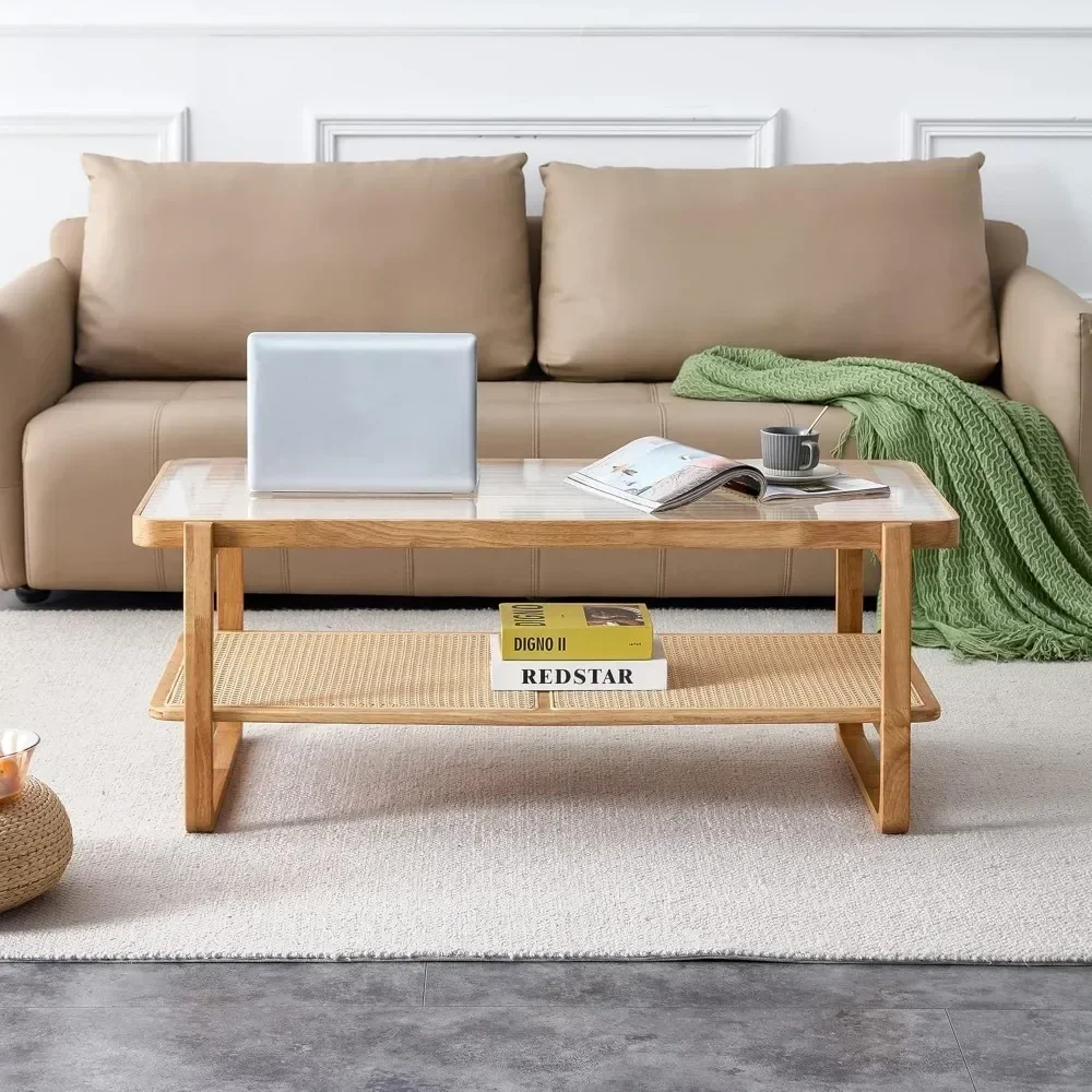 Rattan Coffee Table with Tempered Glass Top,Wood Coffee Table ,Glass Top Coffee Table with Imitation Rattan Storage Shelf