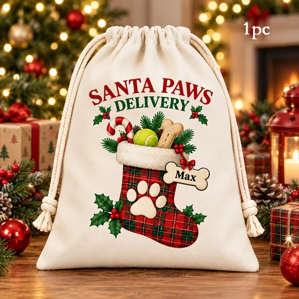1Pc Custom Name/Text Pet Christmas Imitation Hemp Gift Bag,Extra-Large Drawstring Bags,Pet Toy Storage Sack,Dog Cat Holiday Gift