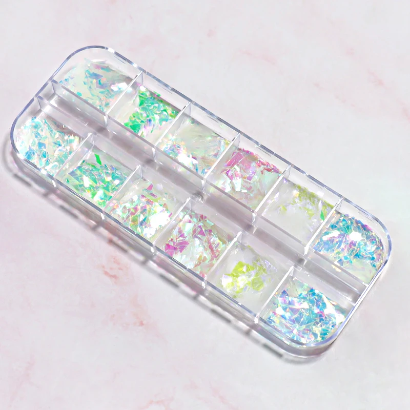 12 Grids Irregular AB Mermaid Nail Sequins Iridescent White Flakes Maple Snow Butterfly Heart Pailliette Glitter For Nails Tools