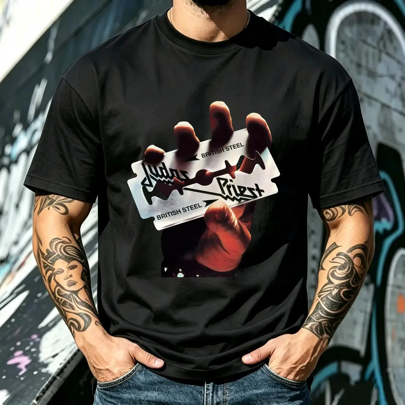 washed T Shirt judas priest british steel vintage Washed streetwear Unisex fashion Stretched Versatile Breathable homme