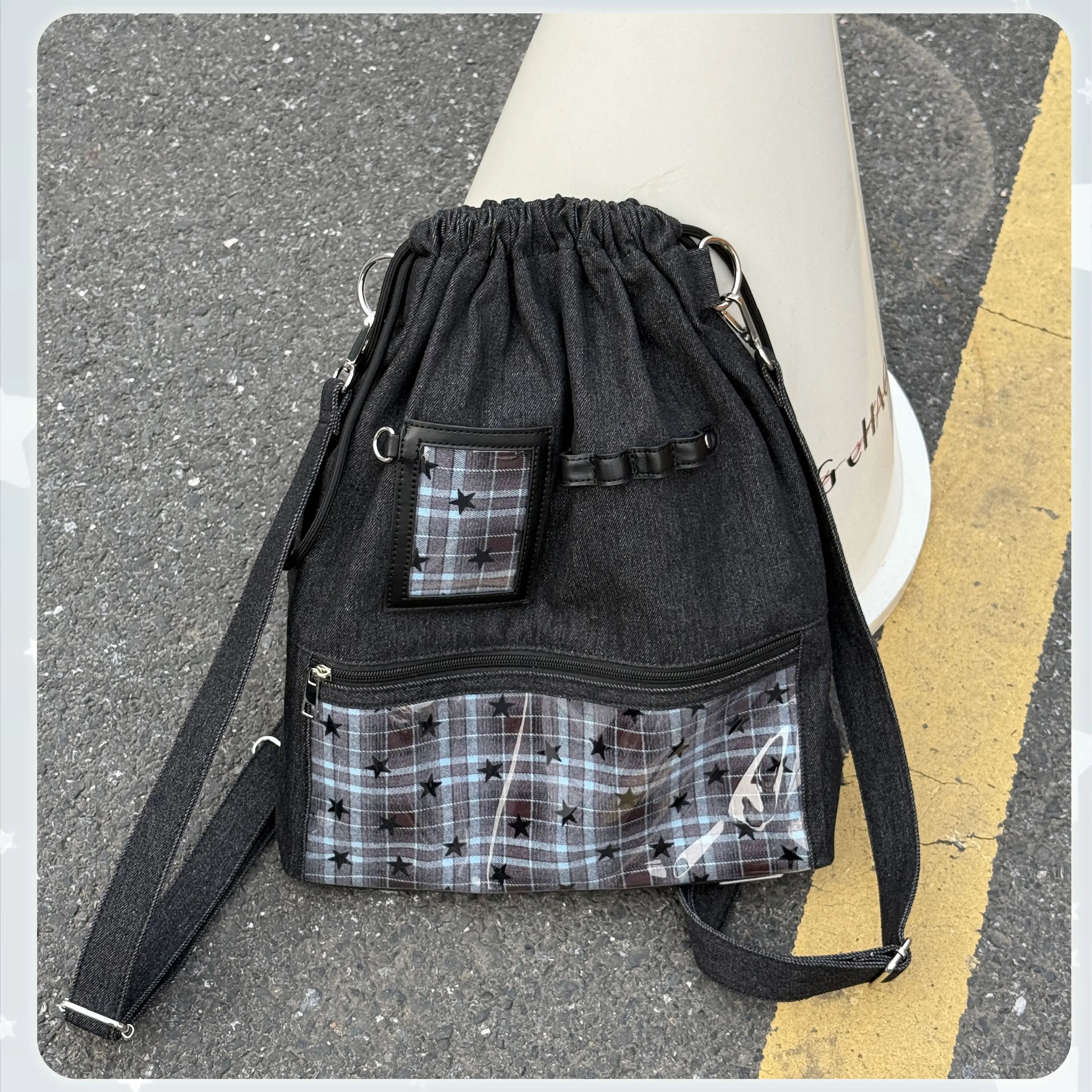 Stars Embroidery Denim Ita Bag with Checkered Lining - Convertible Crossbody/Backpack, Lightweight, Anime/Kpop Fans, Daily Use