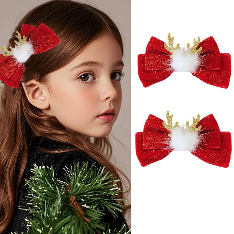 

2pcs/ Festive Reindeer Antler Hair Clips with Glitter Red Bow - Christmas Hair Accessories for Women &Girls Holiday Parties bebe