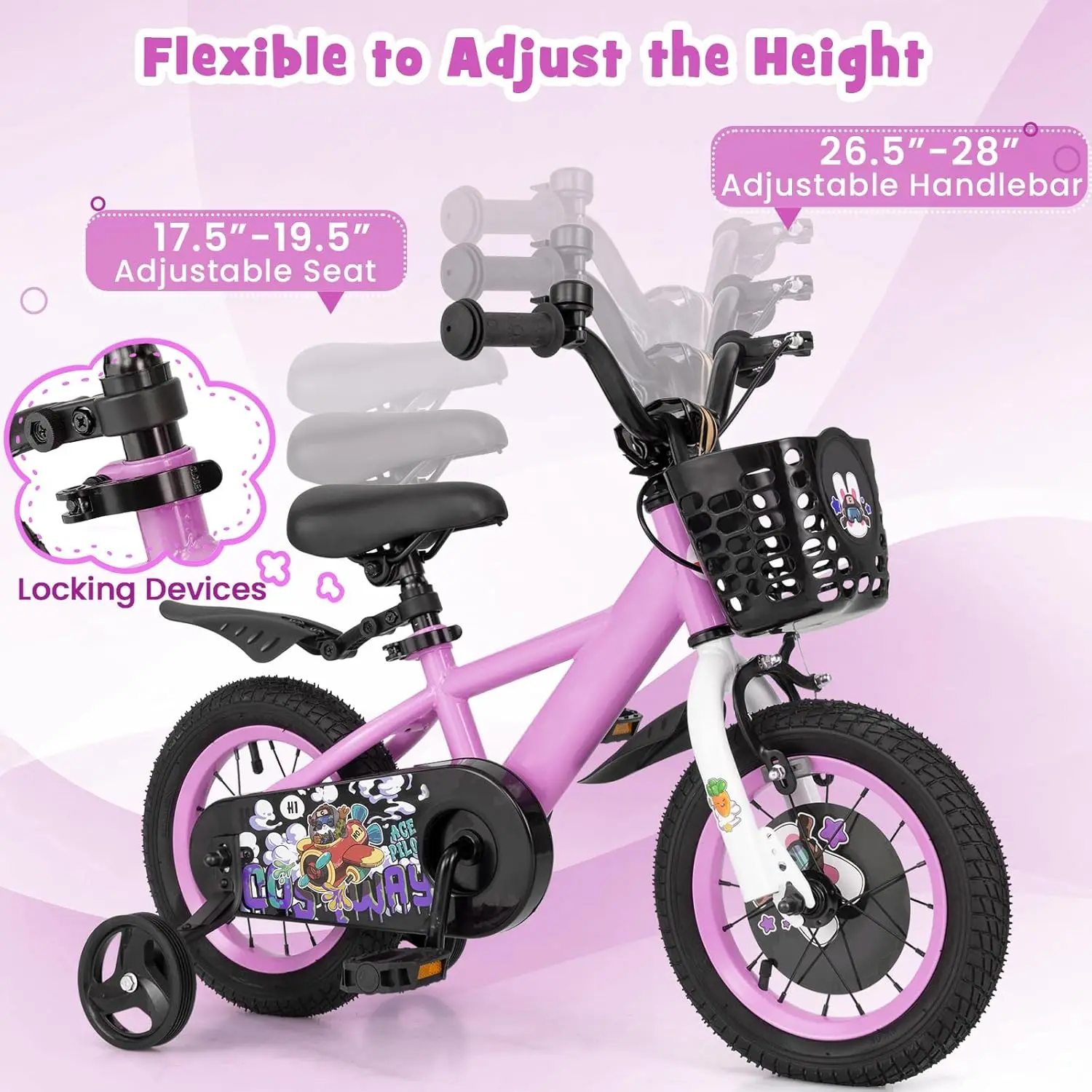 Bicicleta infantil esportiva Rabbit Pilot, bicicleta infantil de 12 14 16 18 polegadas para 3-8 anos com altura ajustável, rodas de treinamento, armazenamento Ba