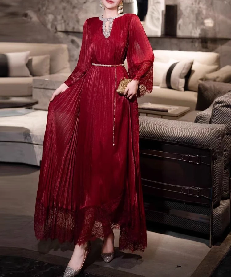 

Dark Red Beading Lace Patchwork Loose Dress Women Elegant O-neck Vintage Clothing Lady Streetwear Holiday Party Vestidos Bodycon