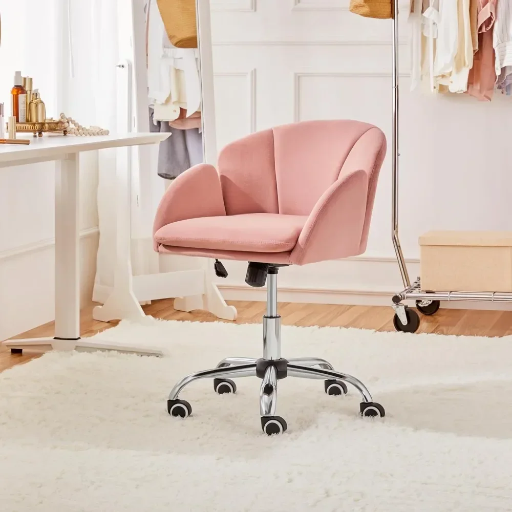 Cute Velvet Desk Chair for Home Office, Makeup Vanity Chair with Armrests for Bedroom Modern Swivel Rolling Chair for Women