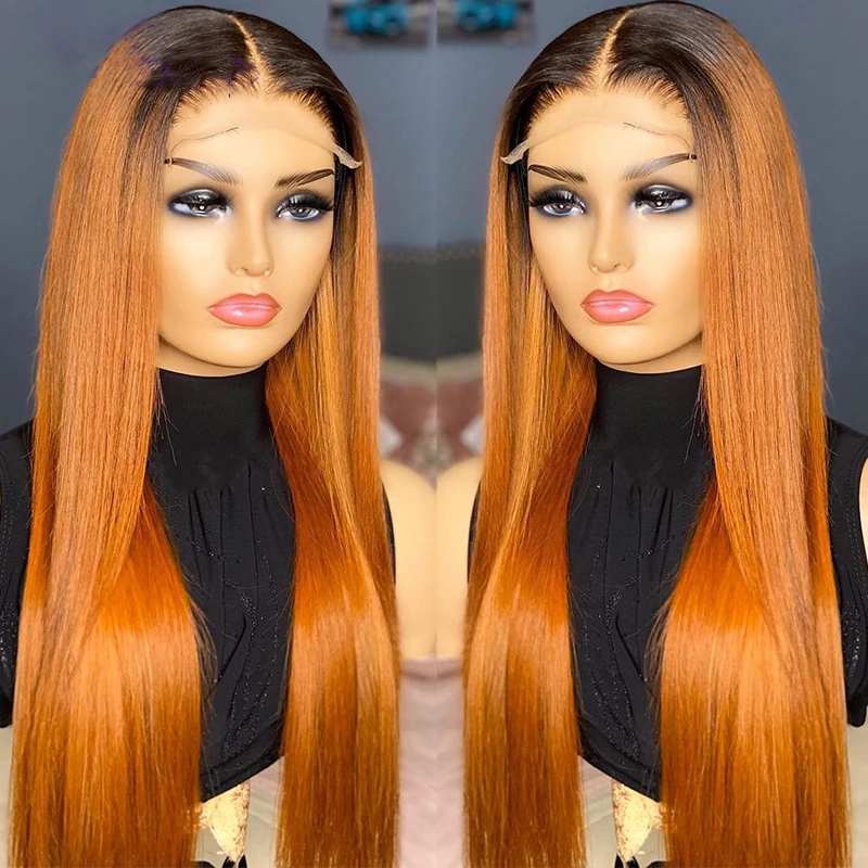 

180Density 26inch Ombre Orange Silky Straight Glueless Long Deep Lace Front Wig For Women With Baby Hair Preplucked Daily