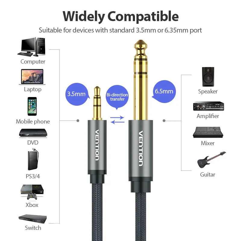 Vention – Adaptateur AUX plaqué or, mâle vers mâle 3,5mm à 6,35 mm, 3/5/10 m, câble jack, parfait pour ampli et table de mixage