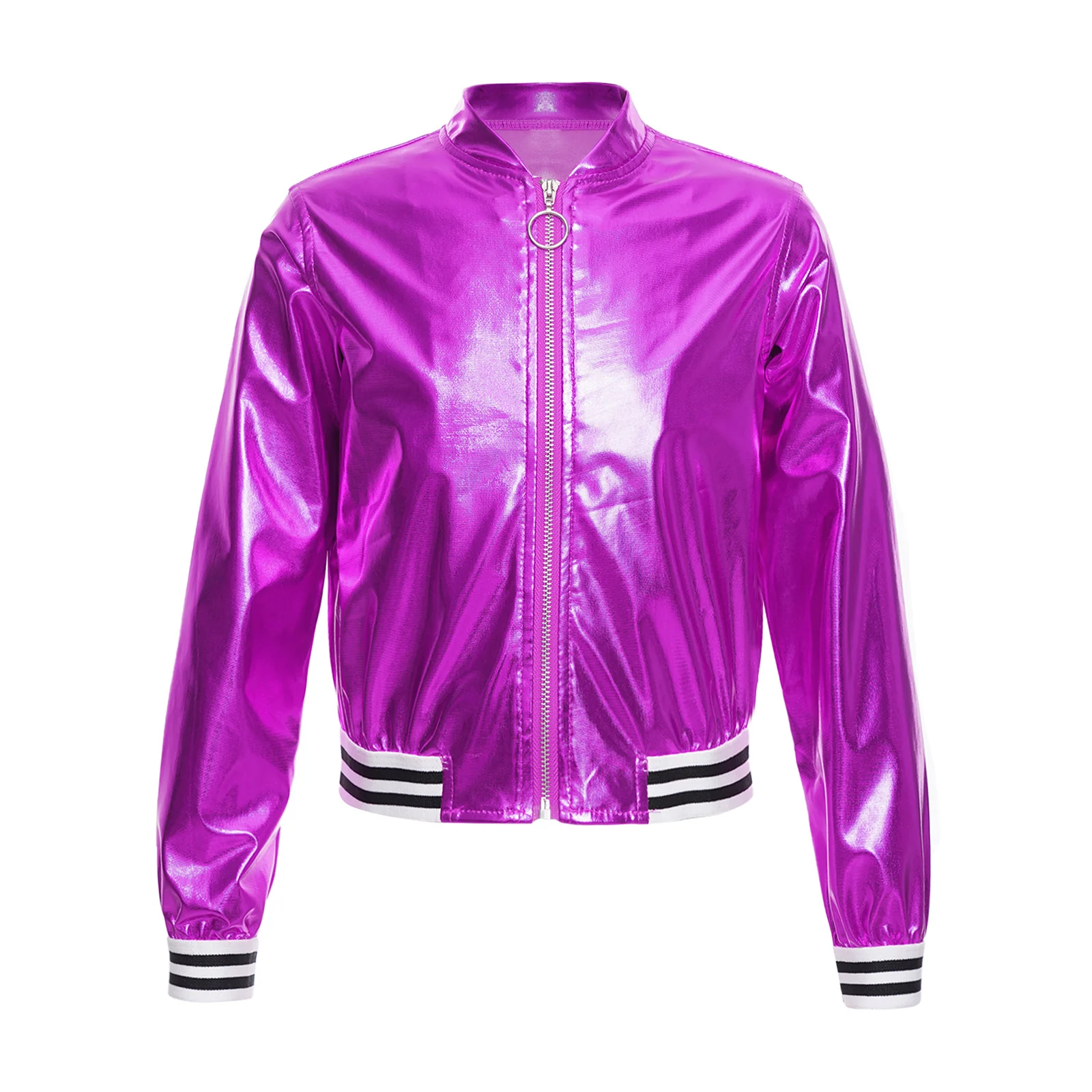 Girls Shiny Metallic Bomber Jacket Lightweight Sparkly Long Sleeve