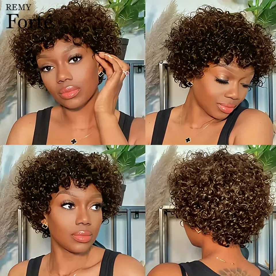 Short Curly Pixie Cut Bob Human Hair Wig Remy Hair Full Machine Made Wig Brown Afro Kinky Curly Bob Wigs Human Hair For Women