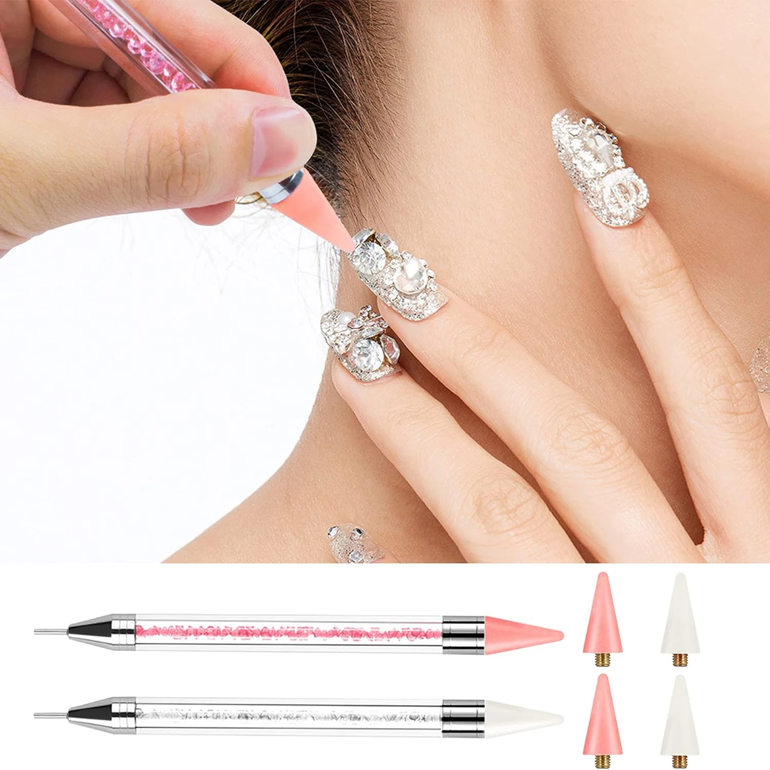 Dual-End Nail Rhinestone Picker Tool Set, Wax Dotting Pens Curved Tweezer Rhinestone Storage Tray, DIY Nail Art Gem Pick Up Tool