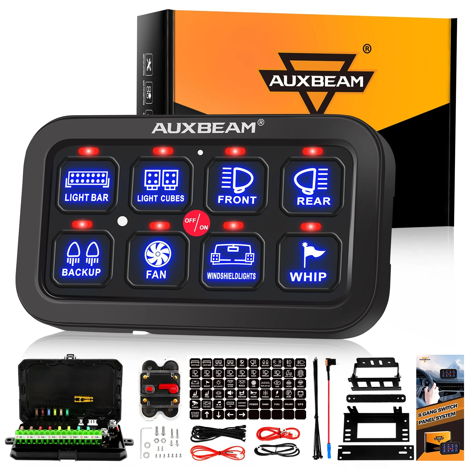 AUXBEAM BA80 8 Gang Switch Panel 12V 24V Universal Relay System On Off Switch Control Panel