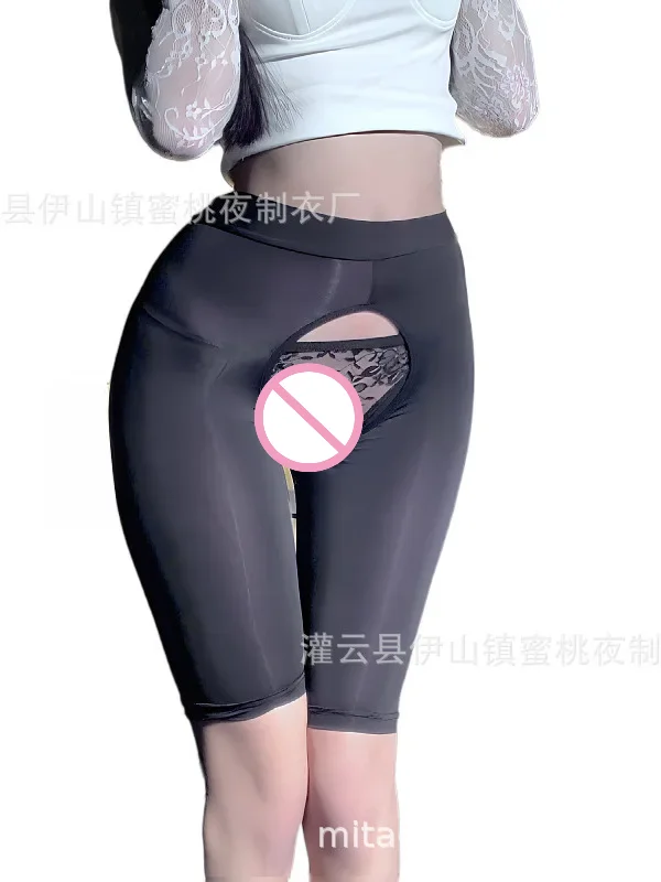 Sexy vita bassa taglio aperto pesca Hip pantaloni di sicurezza alta elasticità seta ghiaccio esotico dolce donna pantaloncini 2024 nuovo sottile trasparente FD1G