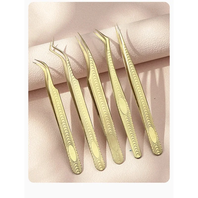 Water Wave Eyelash Tweezers, Golden Feather Volume Lash Tweezers for Eyelash Extension Blooming Lash Clips