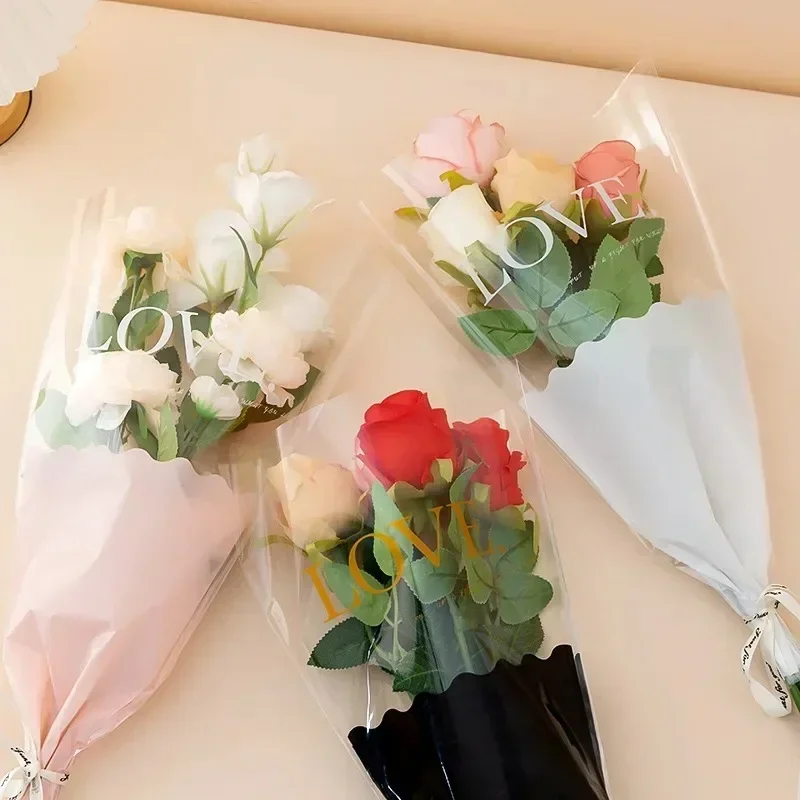 50pcs L/S Size Rose Sleeves Flower Wrapping Bag Bouquet Packaging Bags Clear Cellophane Floral Wrappers For Valentine'S Day