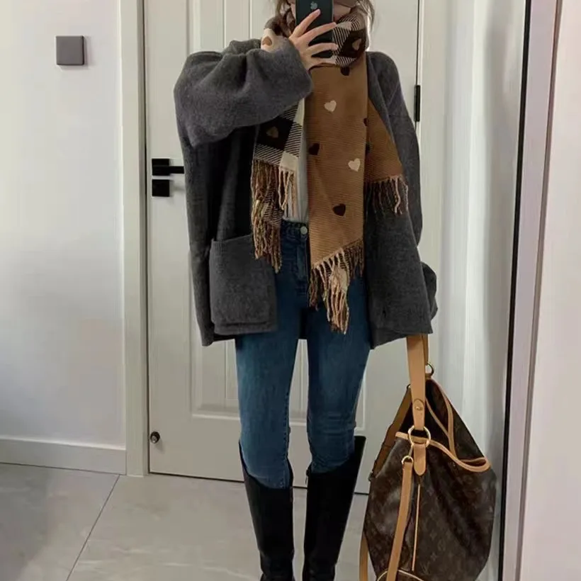 

Корейский свободный мягкий свитер Jaet, женский дизайн с v-образным вырезом, длинный свековый вязаный открытый кардиган Street Faion, свободный крой