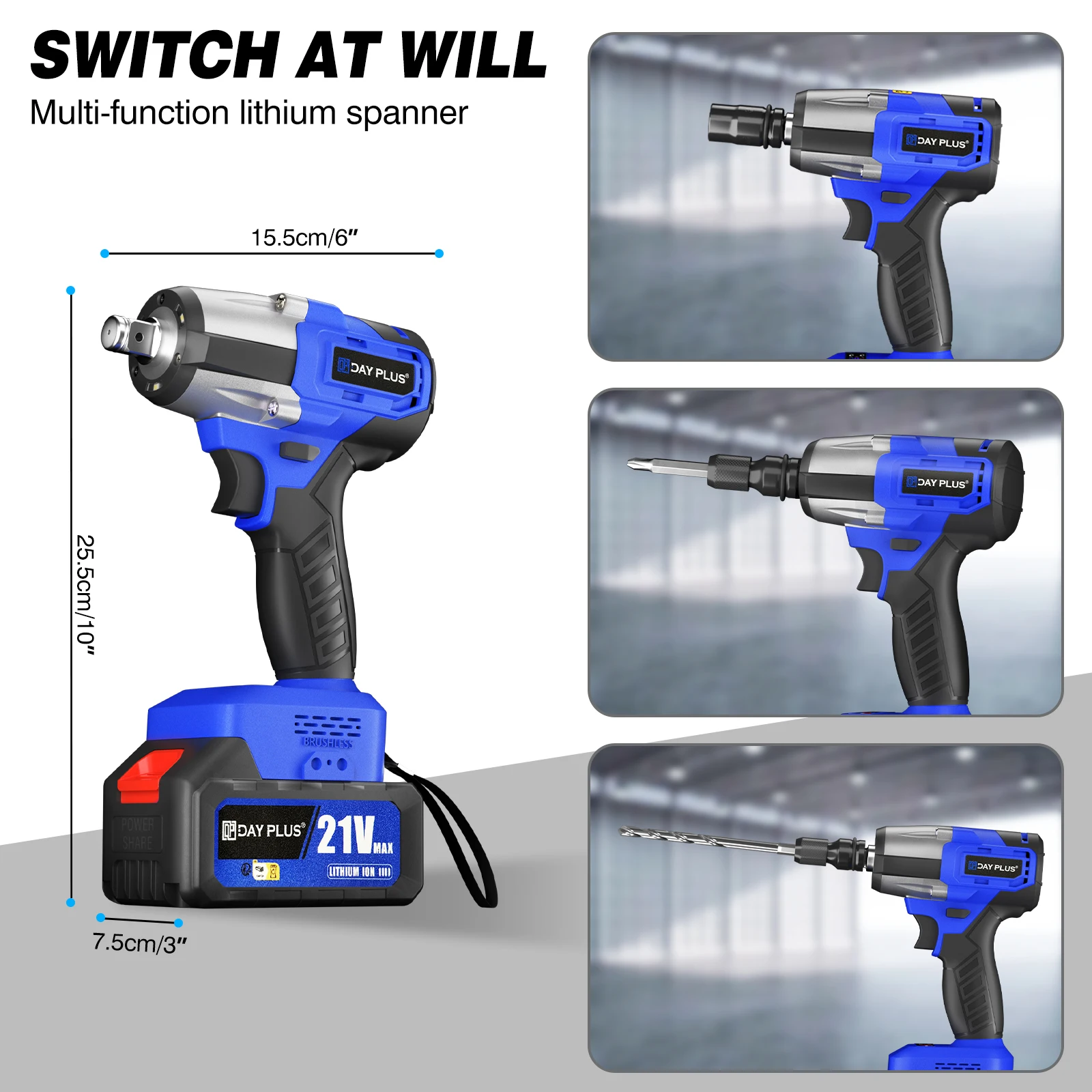 DayPlus 3 IN 1 Cordless Electric Impact Wrench Power Tool Stepless Speed Control 21V Brushless Wrench Drill Socket 3.0AH Battery