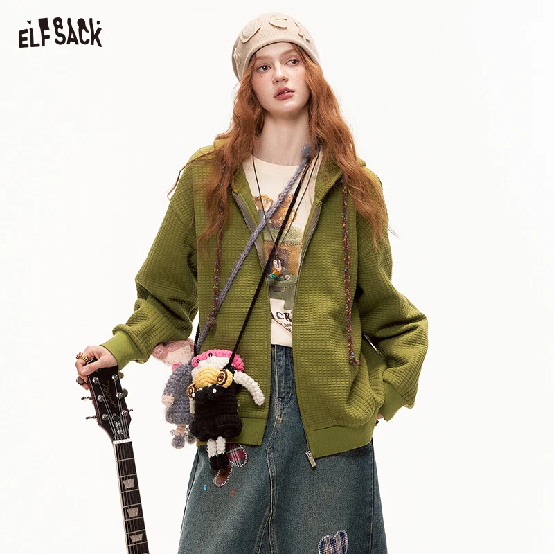 ELFSACK 2024 Autumn New Arrivals Bread Check Loose Hoodie Jacket for Women Melange College Style