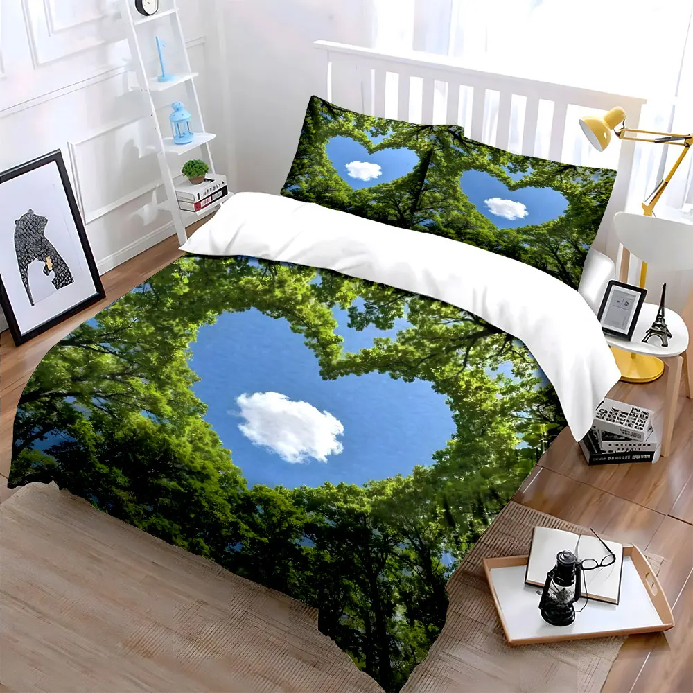 Heart-shaped sky framed by leaves Bedding Set for Kids Luxury Gift 3pcs Digital Print Comforter Set Soft Comfortable Breathable