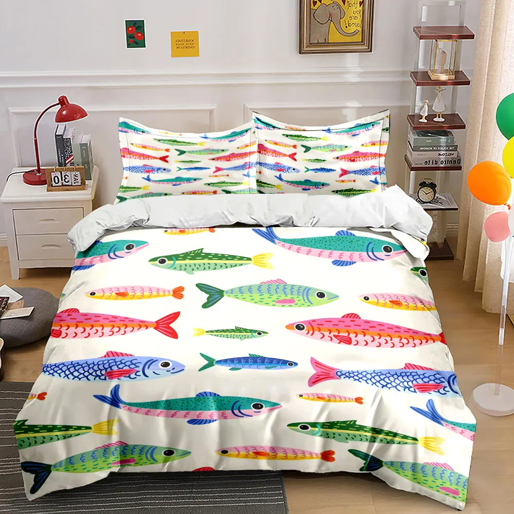 Colorful Fish Pattern Home Decor Bedding Set with 1 Duvet Cover 2 Pillowcases Single Double King Queen, Gift