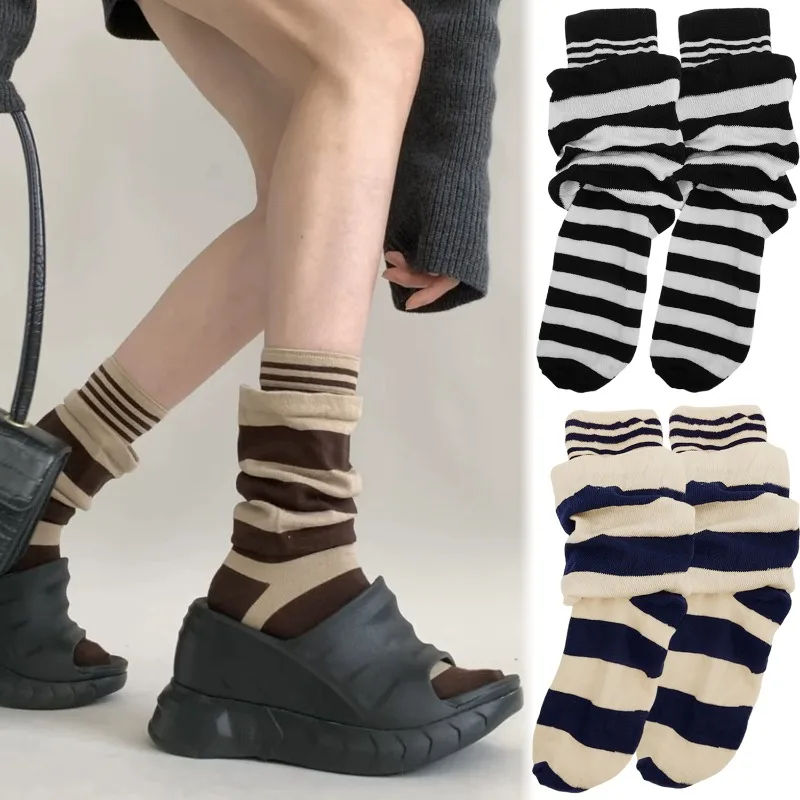 Fashion Y2K Double Layer Splicing Striped Middle Socks Soft Warm Thick Autumn Winter Women's Socks Creative Knitted Stockings