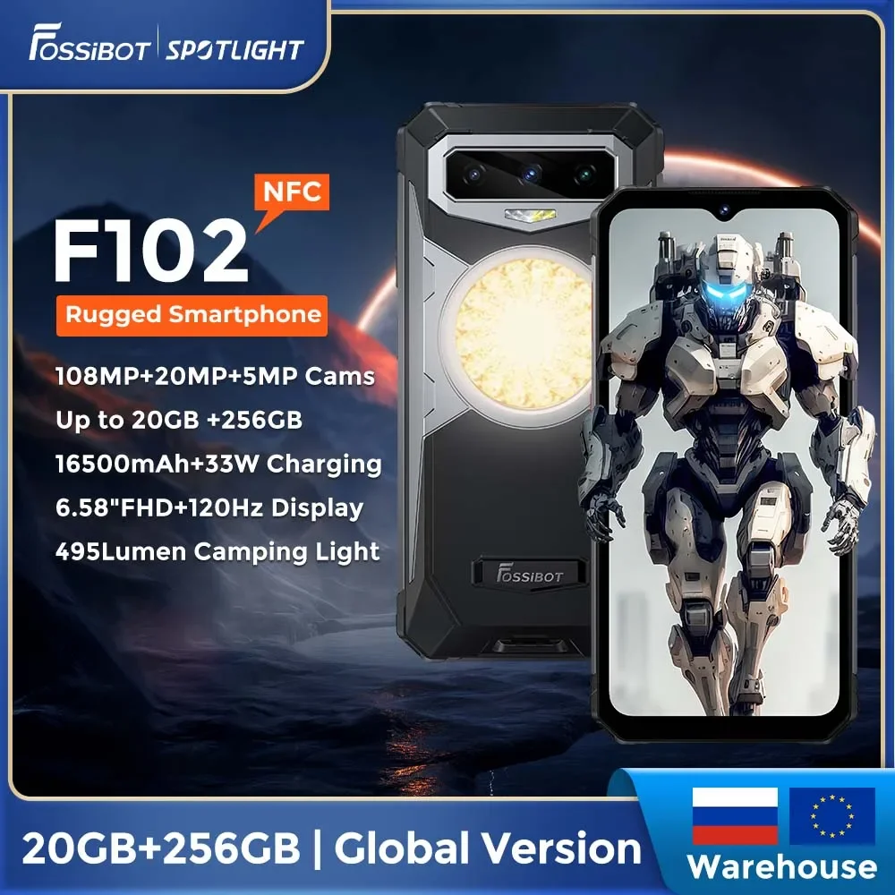 Прочный телефон FOSSIBOT F102, 20 ГБ + 256 ГБ, 16500 мАч, Android 13,6.58 FHD, освещение для кемпинга, фотосессия МП, Helio G99, быстрая зарядка 33 Вт