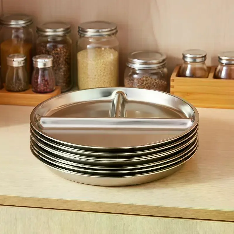 3 Grid Round Stainless Steel Food Serving Tray 23CM 1/3Pcs Durable Dinner Plate for Kids Student School Lunch