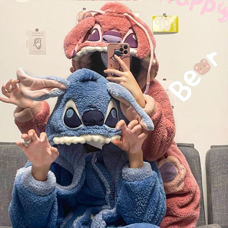 MINISO Disney Stitch Children Hooded Robe Kawaii Angel Kids Shower Robe Cartoon Winter Fashion Sleepwear Cute Warm Homewear