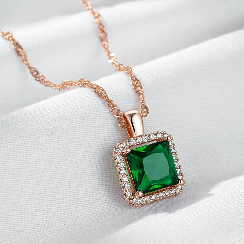 Wbmqda Square Green Stone Pendant And Necklace For Women 585 Rose Gold Color Luxury Zircon Jewelry Accessories